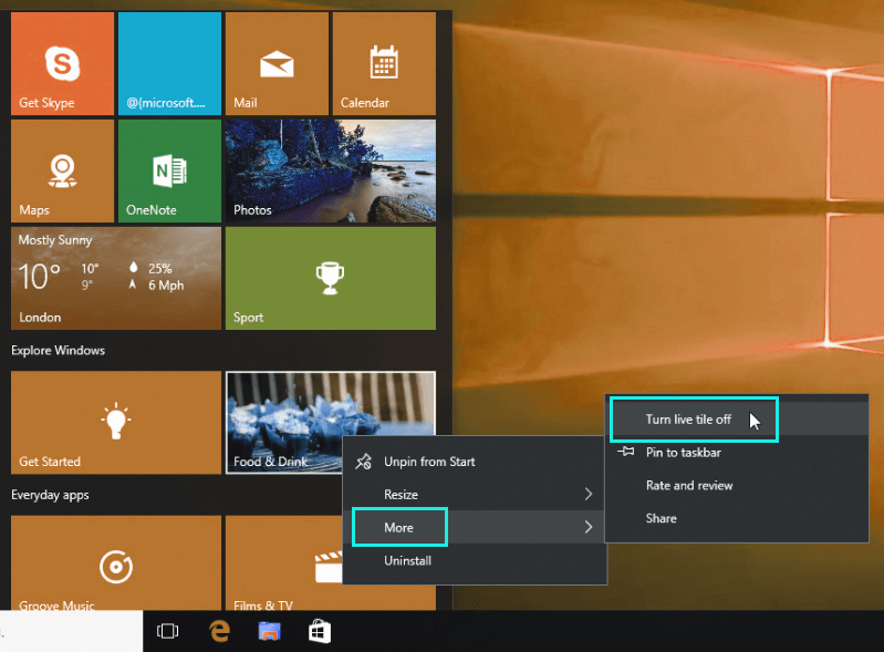 turn off windows 10 live tiles 